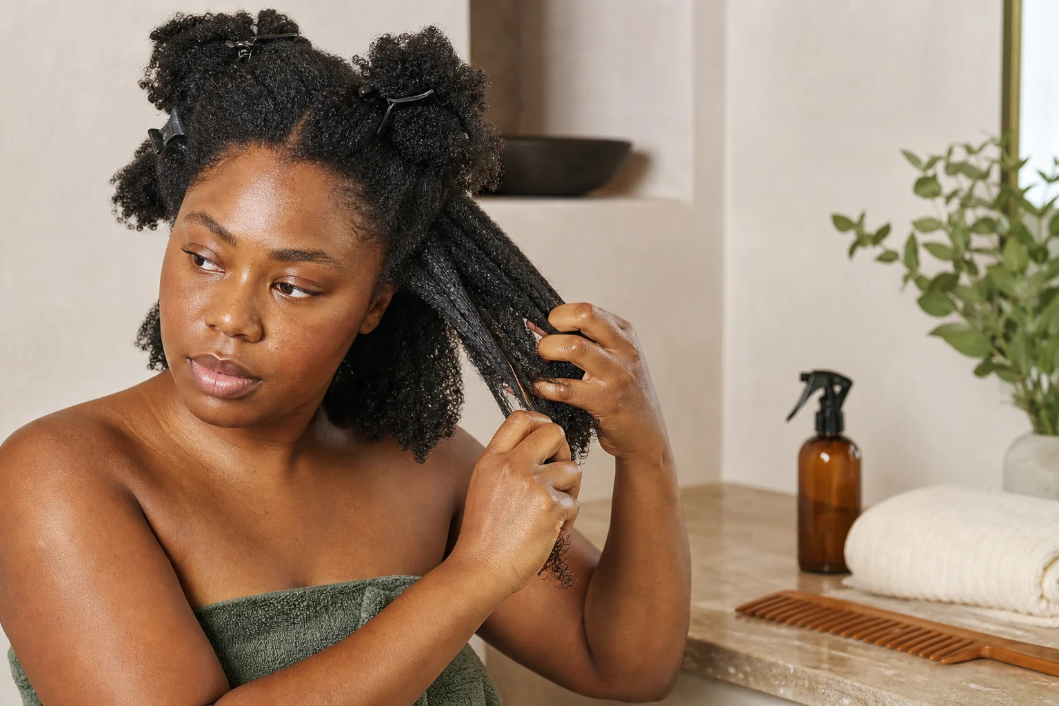 A woman with sectioned 4C hair gently finger-detangling a moisturized section