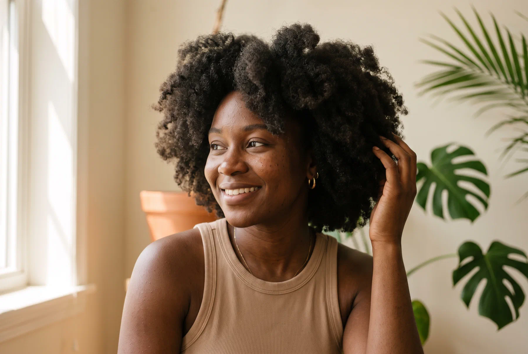 Woman with natural 4C hair in soft natural light